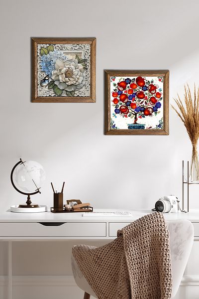 Pinecone Flower with Butterfly, Pomegranate Tree Stone Wall Painting Wooden Framed Wall Decor Set of 2 Painting -W2-146-