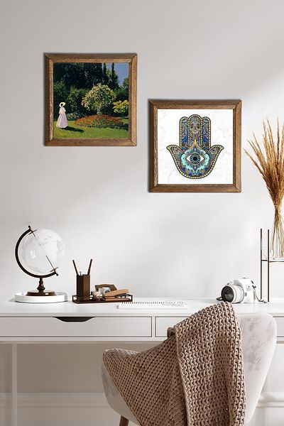 Pinecone Monet Woman in the Garden, Fatma Mother Hand (Hamsa) Stone Wall Painting Wooden Framed Wall Decor -W2-64-