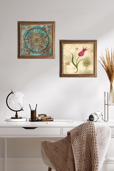 Pinecone Flower of Life, Tulip Stone Wall Painting Wood Framed Wall Decor Set of 2 Painting Wall Art -W2-694-