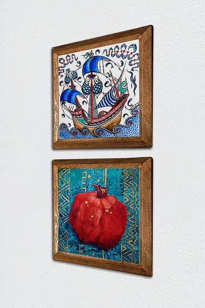 Pinecone Ship Sailboat Art Tile, Pictură murală din piatră de rodie Decor de perete cu rame din lemn Pictură din 2 piese -W2-119-