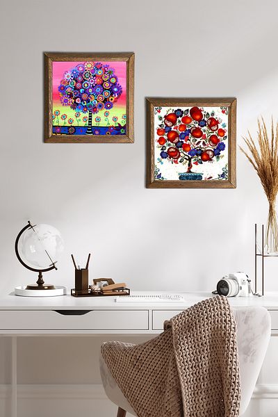 Pinecone Tree of Life, Pomegranate Tree Stone Wall Painting Wood Framed Wall Decor 2 Piece Painting Set -W2-709-