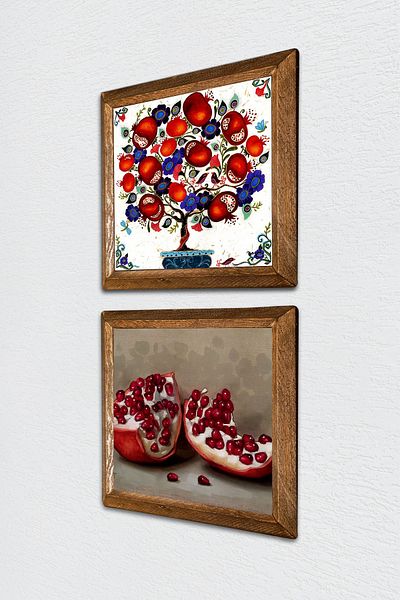 Pinecone Rodie, Pom de rodie Pictură pe perete din piatră Decor de perete cu rame din lemn Set de pictură din 2 piese Artă de perete -W2-648-