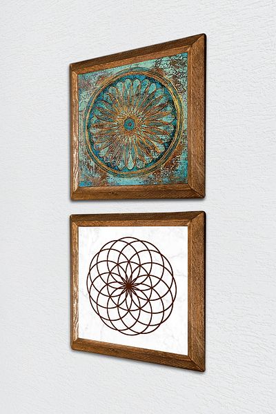 Pinecone Flower of Life Stone Wall Painting Wood Framed Wall Decor 2 Piece Painting Set Wall Art -W2-487-