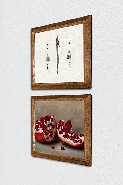Pinecone Elif, pictură murală cu piatră de rodie, decor de perete cu rame din lemn, set de pictură din 2 piese, artă de perete -W2-743-