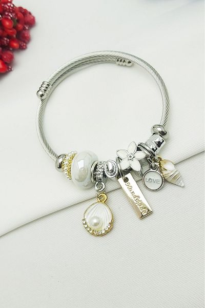 Jeros Accessories Steel Bracelet with White Seashell Charm and Pearl Detail