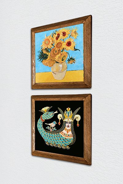 Pinecone Van Gogh Twelve Sunflowers Vase, Shahmeran Stone Wall Painting with Wooden Frame Wall Decor -W2-278-