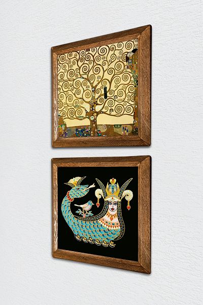 Pinecone Gustav Klimt Tree of Life, Shahmeran Stone Wall Painting Wooden Framed Wall Decor Set of 2 Painting -W2-230-