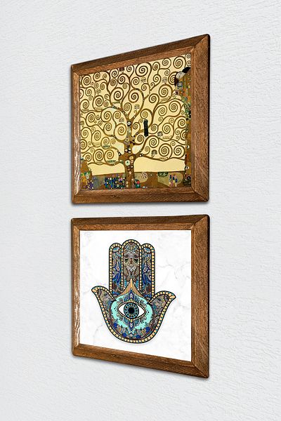 Pinecone Gustav Klimt Tree of Life, Hand of Mother Fatma (Hamsa) Stone Wall Painting Framed Wall Decor -W2-14-