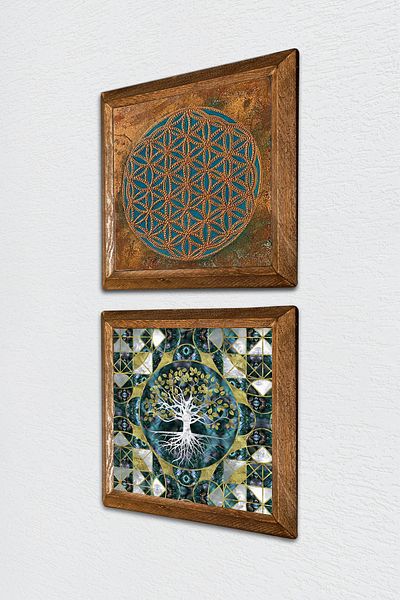 Pinecone Flower of Life, Tree of Life Stone Wall Painting Wood Framed Wall Decor 2 Piece Painting Set -W2-595-