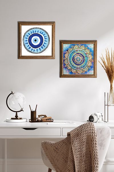 Pinecone Evil Eye, Mandala Stone Wall Painting Wooden Framed Wall Decor 2 Piece Painting Set Wall Art -W2-580-
