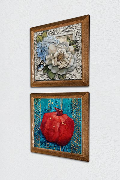 Pinecone Flower with Butterfly, Pomegranate Stone Wall Painting with Wooden Frame Wall Decor 2 Piece Painting Set -W2-88-