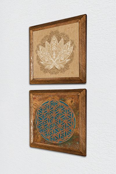 Pinecone Flower of Life, Lotus Flower Stone Wall Painting with Wooden Frame Wall Decor Set of 2 Painting -W2-505-
