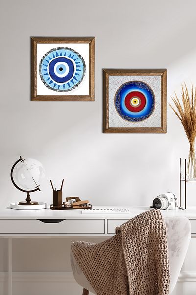 Pinecone Evil Eye Stone Wall Painting Wooden Framed Wall Decor 2 Piece Painting Set Wall Art -W2-597-