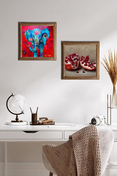 Pinecone Elephant, Pomegranate Stone Wall Painting with Wooden Frame Wall Decor 2 Piece Painting Set Wall Art -W2-242-