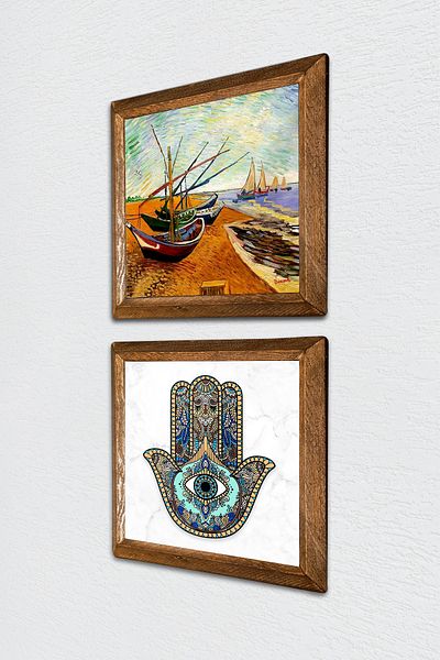 Pinecone Van Gogh Fishing Boats, Fatma Mother Hand (Hamsa) Stone Wall Painting Framed Wall Decor -W2-72-