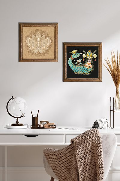Pinecone Lotus Flower, Shahmeran Stone Wall Painting Wood Framed Wall Decor 2 Piece Table Set -W2-255-