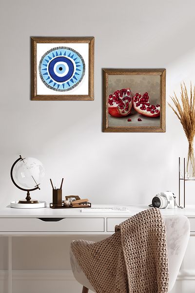 Pinecone Evil Eye, Pomegranate Stone Wall Painting Wooden Framed Wall Decor 2 Piece Painting Set Wall Art -W2-340-