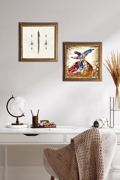 Pinecone Elif, Whirling Dervish Stone Wall Painting with Wooden Frame Wall Decor 2 Piece Painting Set Wall Art -W2-622-