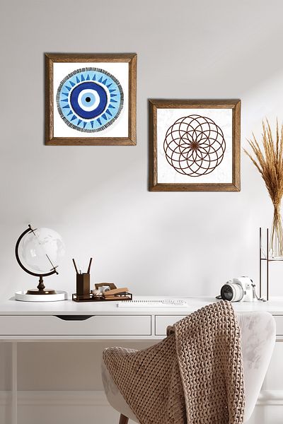 Pinecone Evil Eye, Flower of Life Stone Wall Painting Wooden Framed Wall Decor Set of 2 Painting Wall Art -W2-494-