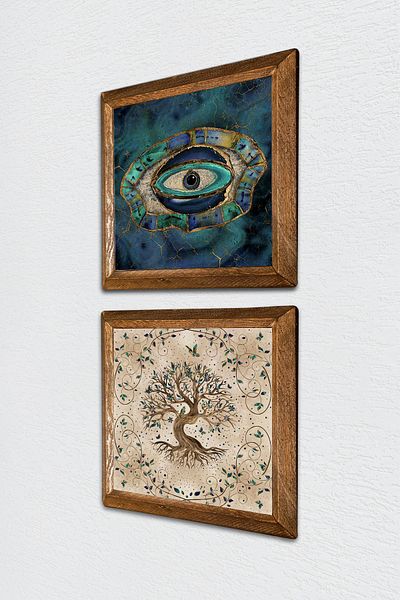 Pinecone Evil Eye, Arborele Vieții Pictură pe perete din piatră Decor de perete cu rame din lemn Set de 2 picturi Artă de perete -W2-215-