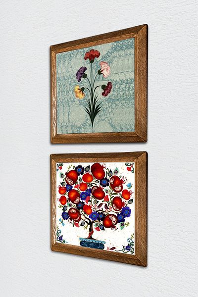 Pinecone Artă marmorată, pictură pe perete din piatră de rodie, decor de perete cu rame din lemn, set de pictură din 2 piese -W2-185-