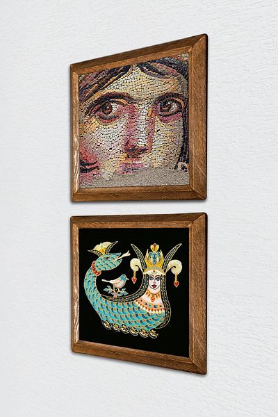 Pinecone Gypsy Girl Mosaic, Shahmeran Stone Wall Painting Wooden Framed Wall Decor 2-Piece Table -W2-238-