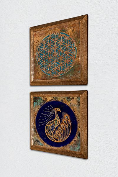 Pinecone Floarea vieții, pictură murală din piatră de păun, decor de perete cu rame din lemn, set de pictură din 2 piese -W2-532-