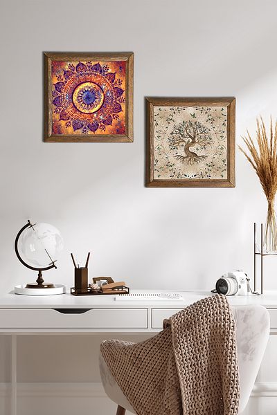 Pinecone Mandala, Tree of Life Stone Wall Painting Wood Framed Wall Decor 2 Piece Painting Set -W2-219-