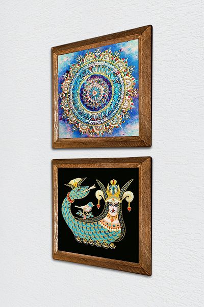 Pinecone Mandala, Shahmeran Stone Wall Painting Wooden Framed Wall Decor Set of 2 Painting Wall Art -W2-268-