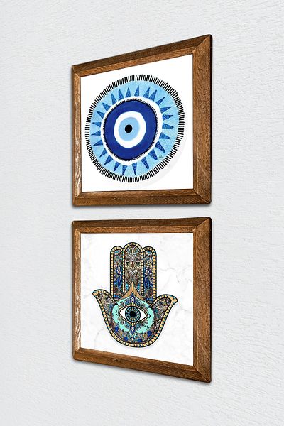 Pinecone Evil Eye, Fatma Mother Hand (Hamsa) Stone Wall Painting Wooden Framed Wall Decor Set of 2 Paintings -W2-62-