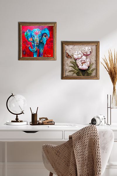 Pinecone Elephant, Butterfly Flower Stone Wall Painting with Wooden Frame Wall Decor 2 Piece Painting Set -W2-310-