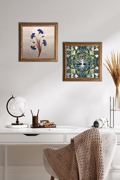 Pinecone Marbling Art, Tree of Life Stone Wall Painting with Wooden Frame Wall Decor 2 Piece Painting Set -W2-591-