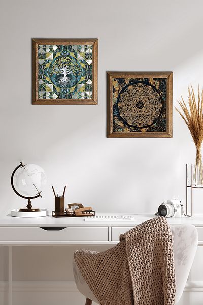 Pinecone Arborele vieții, Sri Yantra Stone Wall Painting Decor de perete cu rame din lemn Set de pictură 2 piese -W2-558-