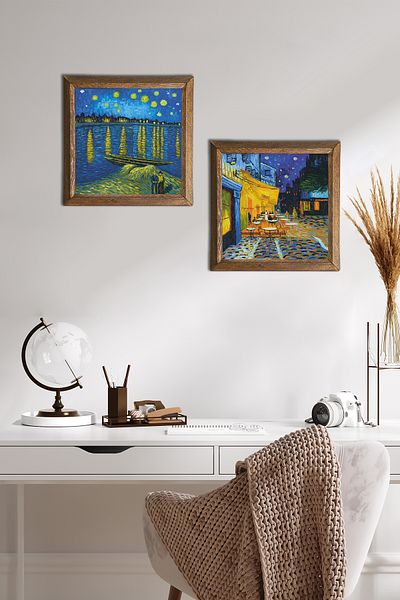 Pinecone Van Gogh Rhine River, Cafe Terrace at Night Stone Wall Painting Wall Decor with Wood Frame -W2-395-