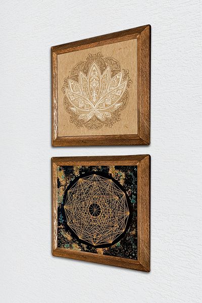 Pinecone Sri Yantra, Pictură pe perete cu piatră de flori de lotus Decor de perete cu rame din lemn Set de pictură 2 piese -W2-500-