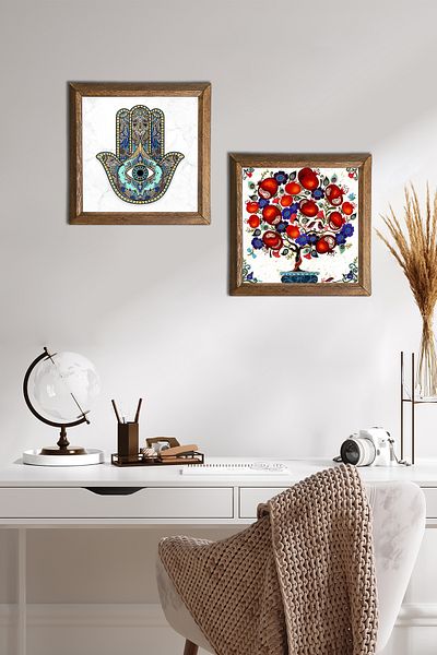 Pinecone Pomegranate Tree, Fatma Mother Hand (Hamsa) Stone Wall Painting Wooden Framed Wall Decor 2 Piece Painting -W2-02-