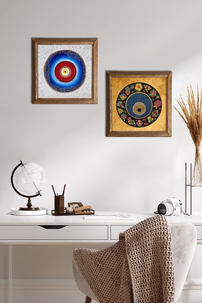 Pinecone Evil Eye Stone Wall Painting Wooden Framed Wall Decor 2 Piece Painting Set Wall Art -W2-417-