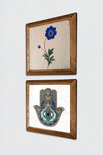 Pinecone Artă marmorată, Fatma Ana Hand (Hamsa) Pictură pe perete din piatră Decor de perete cu rame din lemn Pictură din 2 piese -W2-36-
