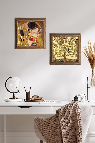 Pinecone Gustav Klimt the Kiss, Tree of Life Stone Wall Painting Wooden Framed Wall Decor Set of 2 Painting -W2-343-