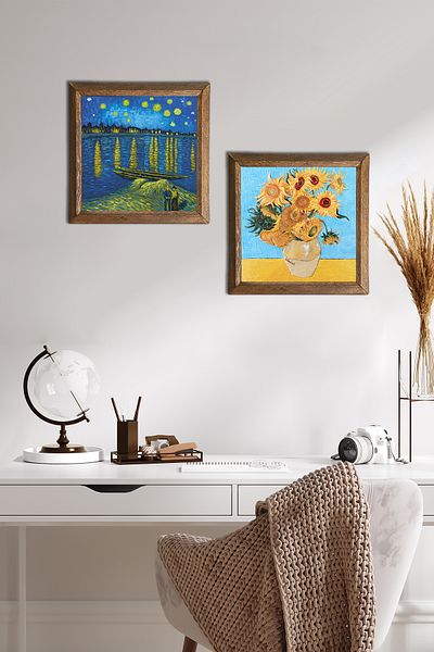 Pinecone Van Gogh Rhine River, Twelve Sunflowers Vase Stone Wall Painting Wood Framed Wall Decor -W2-391-