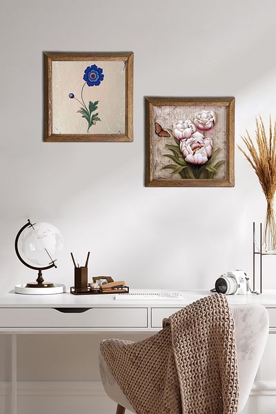 Pinecone Ebru Art, Fluture Floare Piatra Pictura Perete Decor de perete cu rama din lemn Set de 2 tablouri -W2-306-