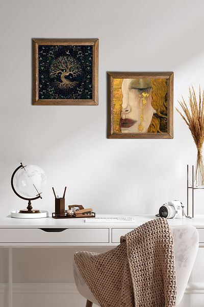 Pinecone The Tree of Life, Gustav Klimt Golden Tears Stone Wall Painting Wood Framed Wall Decor -W2-366-