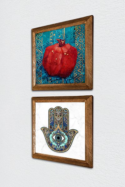 Pinecone Rodie, Fatma Ana Hand (Hamsa) Pictură pe perete din piatră Decor de perete cu rame din lemn Set de 2 picturi -W2-01-