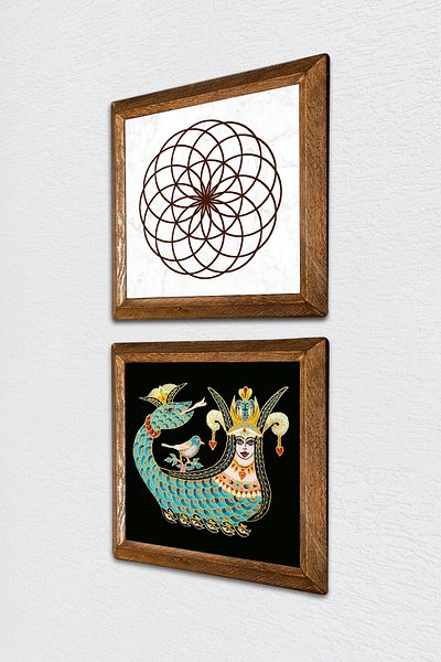 Pinecone Flower of Life, Shahmeran Stone Wall Painting Wood Framed Wall Decor 2 Piece Painting Set -W2-254-