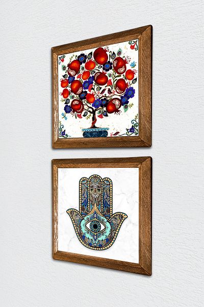 Pinecone Pomegranate Tree, Fatma Mother Hand (Hamsa) Stone Wall Painting Wooden Framed Wall Decor 2 Piece Painting -W2-02-