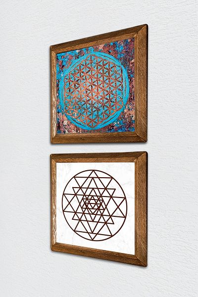 Pinecone Λουλούδι της Ζωής, Πέτρινη Ζωγραφική Τοίχου Sri Yantra με Ξύλινο Πλαίσιο Διακόσμηση Τοίχου 2 τεμαχίων Σετ ζωγραφικής -W2-468-