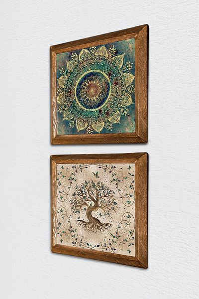 Pinecone Mandala, Tree of Life Stone Wall Painting Wooden Framed Wall Decor 2 Piece Painting Set -W2-220-