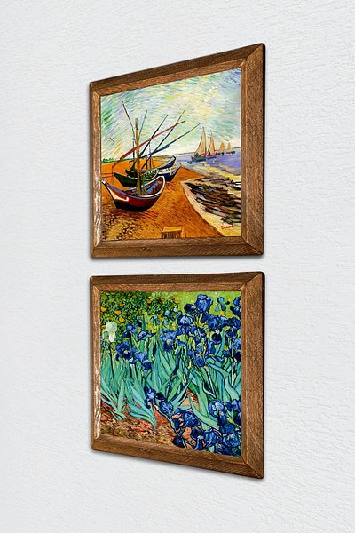 Pinecone Van Gogh Fishing Boats, Irises Stone Wall Painting Wood Framed Wall Decor -W2-385-