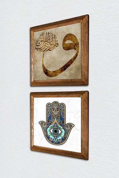 Pinecone Vav, Fatma Ana Hand (Hamsa) Pictură pe perete din piatră Decor de perete cu rame din lemn Set de 2 picturi -W2-35-