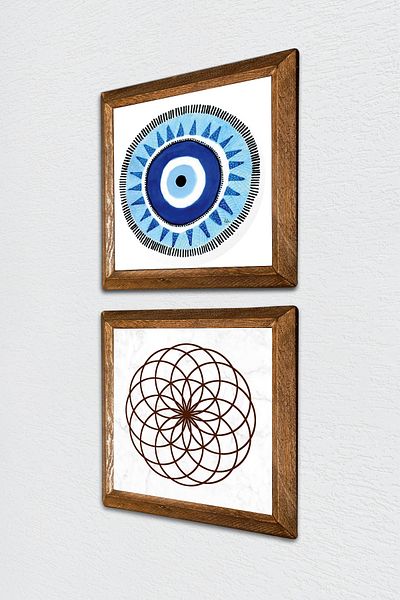 Pinecone Evil Eye, Flower of Life Stone Wall Painting Wooden Framed Wall Decor Set of 2 Painting Wall Art -W2-494-